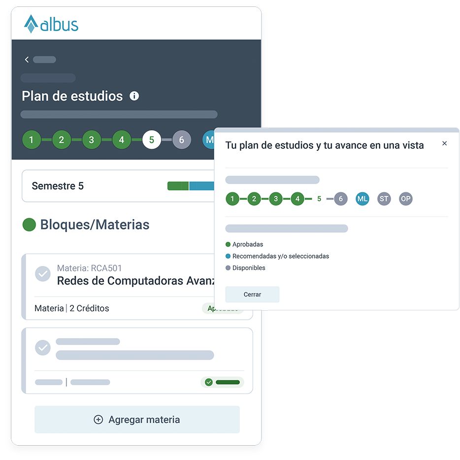 Albus: vista del plan de estudios y avance curricular por semestre del estudiante
